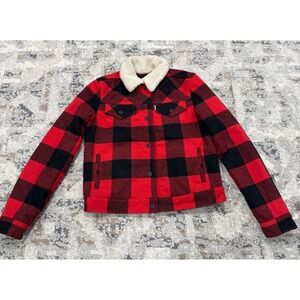 Levi Strauss & Co Womens Red Buffalo Plaid Sherpa Lined Trucker Jacket Size S